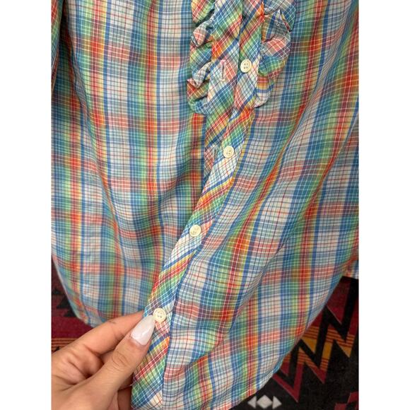 Vintage Shapely 80s Plaid Rainbow Ruffle 12 Blouse Farmer Garden Prairie Modest - Picture 5 of 7